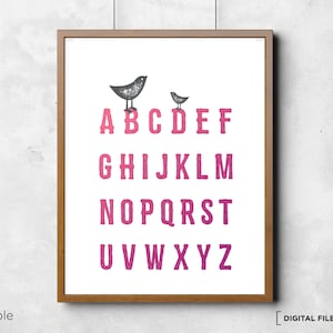 Impresión del alfabeto de pájaros Póster del alfabeto infantil Alfabeto ABC Arte de guardería Decoración de pared Gráfico del alfabeto Descarga del alfabeto Plantilla imprimible Corjl