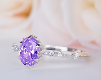Amethyst Engagement Ring, Amethyst Wedding Ring, Amethyst 14K Ring, Oval Amethyst Ring, Purple Diamond Ring, Amethyst Anniversary Ring