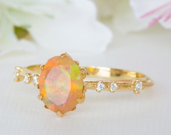 Oval Opal Engagement Ring, Fire Opal Ring, Natural Opal Ring, Australian Opal Ring, Diamond Opal Ring, Orange Engagement Ring, 18K, 14K Ring