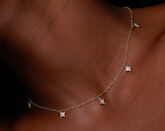 Diamond Charm Necklace, Diamond Stars Necklace, Solid Gold 14K Charm Necklace, Boho Diamond Choker, 14K Layered Celestial Necklace