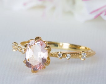Pink Diamond Engagement Ring, Pink Bridal Ring, Pink Gemstone Wedding Ring, Pink Diamond Bridal Ring, Pink Tourmaline Engagement Ring, 18K