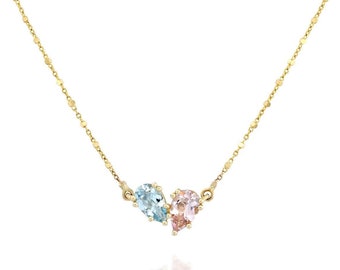 Minimalist Gemstone Necklace, 14K Blue Necklace, Pear Shaped Necklace, Heart Gemstone Pendant, Toi Et Moi Necklace, Morganite and Aquamarine