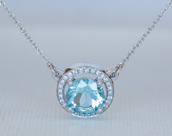 Blue Diamond Necklace, 14K Aquamarine Pendant, Diamond Halo Necklace, Blue Topaz Pendant, Solid Gold Diamond Necklace, Blue Gemstone