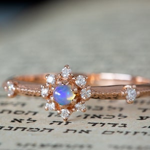 Opal Engagement Ring, Opal Wedding Ring, Opal Diamond Ring, 14K Opal Ring, 18K Opal Ring, Opal Flower Ring, Diamond Cluster Ring, Rose Gold