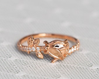 Diamond 14K Rose Ring, Flower Engagement Ring, Alternative Wedding Ring, Unique Bridal Ring, Solid Gold Floral Ring, Pave 18K Ring