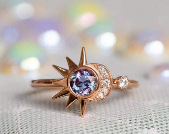 Alexandrite Engagement Ring, Boho Engagement Ring, Alexandrite Wedding Ring, Celestial Wedding, Purple Bridal Ring, Sun Moon 14K Ring, 18K