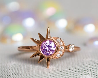 Amethyst Engagement Ring, Purple Gemstone Engagement Ring, Unique Bridal Ring, Amethyst Wedding Ring, Celestial Wedding, Moon Diamond Ring