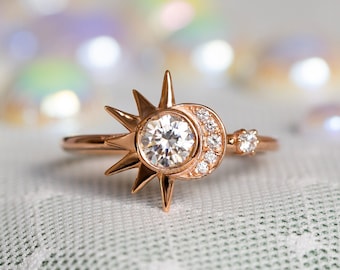 Unique Moissanite Engagement Ring, Boho Wedding Ring, Rose Gold Diamond Bridal Ring, Celestial Wedding, Alternative Star Ring, Crescent Moon