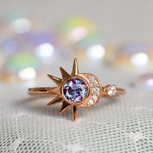 Alexandrite Engagement Ring, Boho Engagement Ring, Alexandrite Wedding Ring, Celestial Wedding, Purple Bridal Ring, Sun Moon 14K Ring, 18K