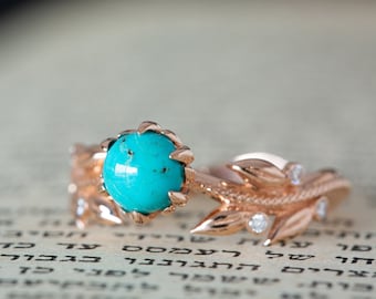 Boho Engagement Ring, Turquoise Engagement Ring, Turquoise Wedding Ring, Blue Engagement Ring, Leaf Diamond Engagement Ring ,14K, 18K