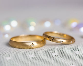 Wedding Band Set, His and Hers Wedding Rings, Alternative Wedding Band, Celestial Wedding, Star Wedding Ring, 14K Crescent Moon Ring, 18K