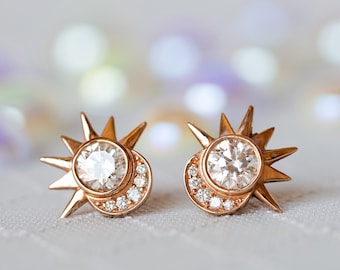 Solid Gold Diamond Rarrings, Celestial Earrings, 14K Moissanite Studs, Moon Sun Earrings, Wedding Ear Studs, Celestial Gift for Her, 18K