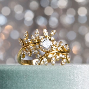 Moissanite Engagement Ring, Floral Engagement Ring, 18K Moissanite Ring, Unique Diamond Ring, 14K Leaves Ring, Leaf Bridal Ring, Art Deco