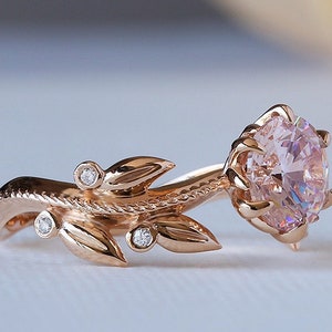 Pink Engagement Ring, Rose Gold Morganite Ring, Edwardian Engagement Ring, Diamond Leaf Ring, 14K Morganite Ring, Nature Inspired 18K Ring image 1