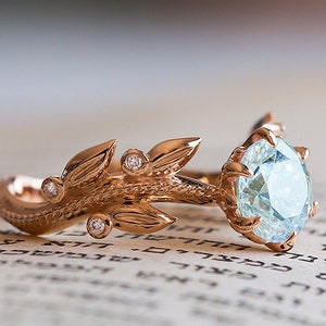 Aquamarine Engagement Ring, Alternative Engagement Ring, Victorian Engagement Ring, Rose Gold 14K Ring, 18K, Art Nouveau, Nature Inspired