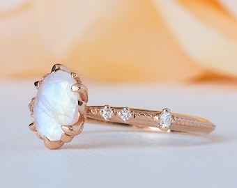 Antique Engagement Ring, Moonstone Gold Ring, Moonstone Diamond Ring, Edwardian Engagement Ring, 14K Vintage Inspired Ring, 18K Filigree