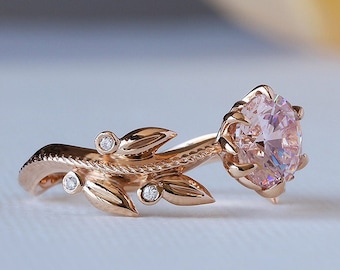 Pink Engagement Ring, Rose Gold Morganite Ring, Edwardian Engagement Ring, Diamond Leaf Ring, 14K Morganite Ring, Nature Inspired 18K Ring