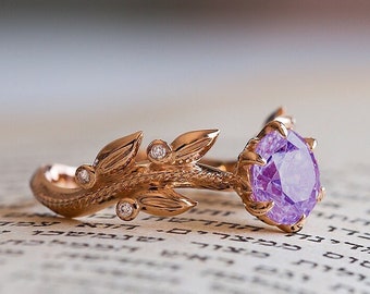 Amethyst Engagement Ring, Amethyst Wedding Ring, Amethyst 14K Ring, Bohemian Engagement Ring, Purple Diamond Ring, Amethyst Anniversary Ring