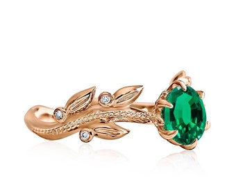 Emerald Engagement Ring, Green Gemstone Wedding Ring, 18K Emerald Ring, Green Gem Anniversary Ring, Boho Bridal Ring, Nature Inspired Ring