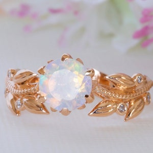 Opal Engagement Ring, Boho Engagement Ring, Rose Gold Opal Engagement Ring, Opal Diamond Ring, Opal Floral Ring, Opal Solid Gold Ring, 18K