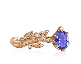 Blue Gemstone Engagement Ring, Floral Engagement Ring, Tanzanite Wedding Ring, Blue Promise Ring, Art Nouveau Bridal Ring, 18K Blue Ring
