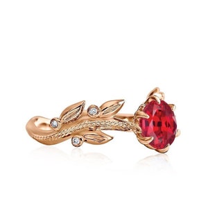 Red Wedding Ring, Ruby Engagement Ring, Red Bridal Ring, Leaf Snniversary Ring, Nature Inspired Gold Ring, 18K Ruby Ring, Ruby Diamond Ring