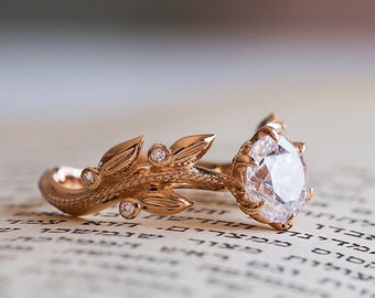 Unique Engagement Ring Rose Gold, Victorian Engagement Ring, Diamond Leaves Moissanite Ring, Floral Ring, 14K, 18K, Vintage Inspired Flower