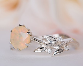 Flower Engagement Ring, Floral Leaves Engagement Ring, Branch Engagement Ring, Nature Inspired Floral Ring, Diamonds and Opal 14k Ring