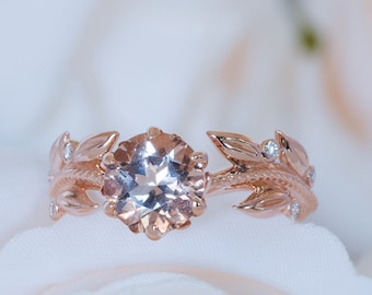 Flower Engagement Ring, Morganite 14K Ring, Unique Morganite Ring, Leaf Engagement Ring, Floral Leaves Engagement Ring, Rose gold 18K Ring