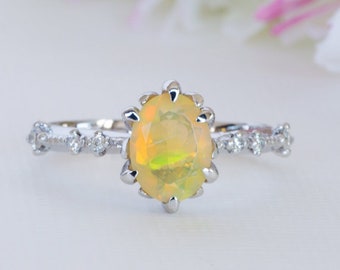 Gemstone Engagement Ring, Unique Engagement Ring, Oval Opal Ring, Opal Engagement Ring White Gold, Solid Gold Opal Ring, Ethiopian Fire Opal