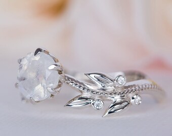 Leaf Engagement Ring, Floral Leaves Engagement Ring, Rainbow Moonstone Ring, Gemstone Engagement Ring, Floral Engagement Ring, 14K, 18K