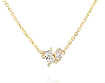 Anniversary Diamond Necklace, Moissanite Necklace, 14K Dainty Diamond Necklace, Solid Gold Moissanite Necklace, Emerald Cut Diamond Pendant