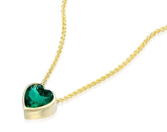 Emerald Gold Necklace, May Birthstone Jewelry, 14K Emerald Pendant, Green Heart Necklace, Emerald Choker, Heart Layering Necklace