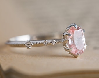 Pink Engagement Ring, Pink Gemstone Engagement Ring, Morganite White Gold Ring, Oval Morganite Engagement Ring, Bohemian Engagement Ring 18K
