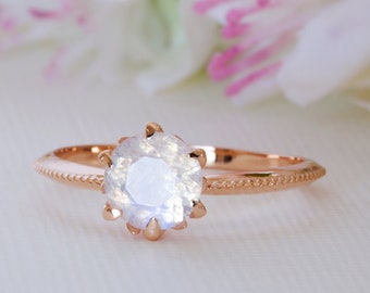 Moonstone Engagement Ring, Moonstone Rose Gold Ring, Moonstone Solitaire Ring, Moonstone Ring Gold, Moonstone 14K Ring, Floral, 18K, blue