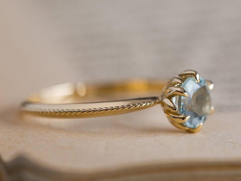 Blue Engagement Ring, Antique Engagement Ring, Aquamarine Engagement Ring, Yellow Gold, Vintage Inspired, Art Nouveau 18K, 14K Gemstone Ring image 1