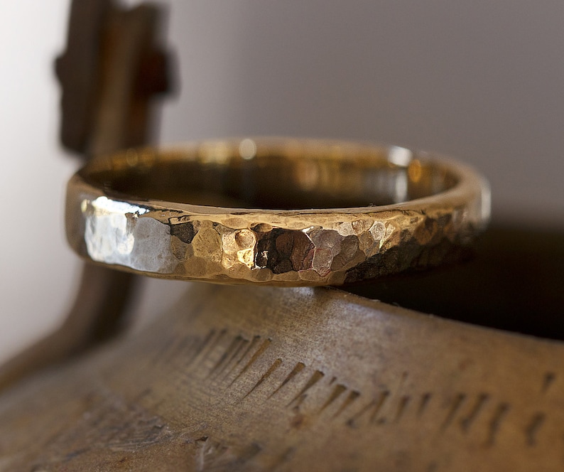 Hammered Gold Ring Mens Hammered Wedding Ring Rustic Wedding Etsy