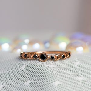 Black Diamond Ring, Black Wedding Ring, Alternative Wedding Band, Celestial Engagement Ring, Gold Moon Ring, 14K Crescent Moon, 18K image 6