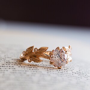 Unique Engagement Ring Rose Gold, Victorian Engagement Ring, Diamond Leaves Moissanite Ring, Floral Ring, 14K, 18K, Vintage Inspired Flower image 2