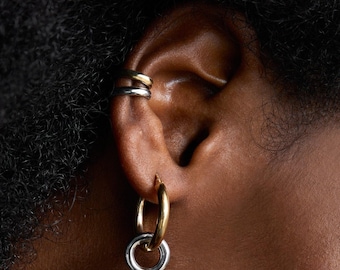 Pendientes de aro de oro de 14 quilates, pendientes de aro doble de oro macizo, pendientes de oro amarillo y blanco, pendientes de aro minimalistas y ligeros, pendientes de aro modernos de oro auténtico.