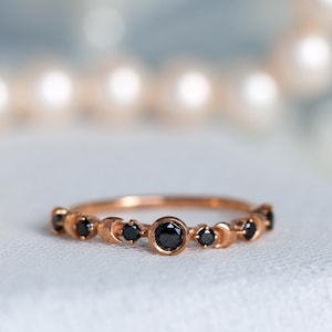 Black Diamond Ring, Black Wedding Ring, Alternative Wedding Band, Celestial Engagement Ring, Gold Moon Ring, 14K Crescent Moon, 18K image 8