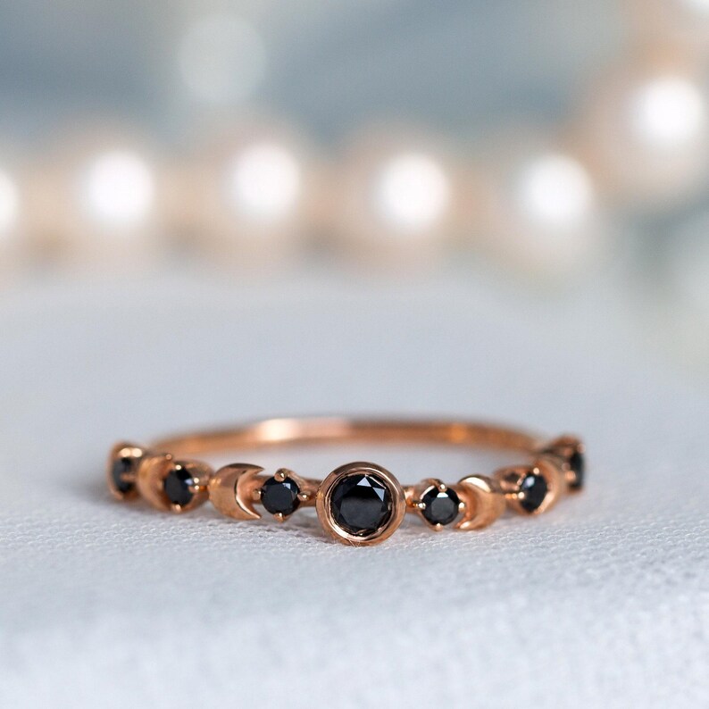 Black Diamond Ring, Black Wedding Ring, Alternative Wedding Band, Celestial Engagement Ring, Gold Moon Ring, 14K Crescent Moon, 18K image 8
