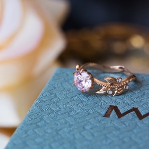 Pink Engagement Ring, Rose Gold Morganite Ring, Edwardian Engagement Ring, Diamond Leaf Ring, 14K Morganite Ring, Nature Inspired 18K Ring image 6