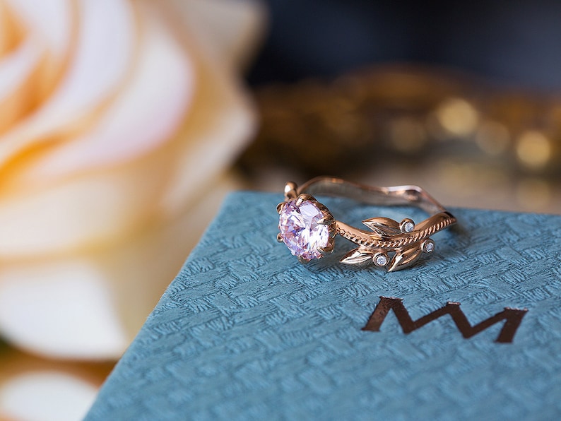 Pink Engagement Ring, Rose Gold Morganite Ring, Edwardian Engagement Ring, Diamond Leaf Ring, 14K Morganite Ring, Nature Inspired 18K Ring image 6