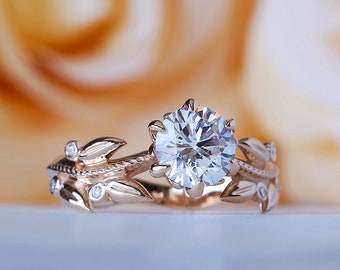 Floral Engagement Ring, Flower Engagement Ring Rose Gold, Floral Moissanite Ring, Leaf Moissanite Ring, 14K, 18K, Art Nouveau Ring