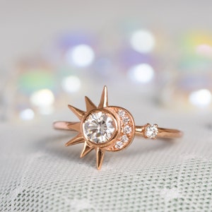 Unique Moissanite Engagement Ring, Boho Wedding Ring, Rose Gold Diamond Bridal Ring, Celestial Wedding, Alternative Star Ring, Crescent Moon image 2