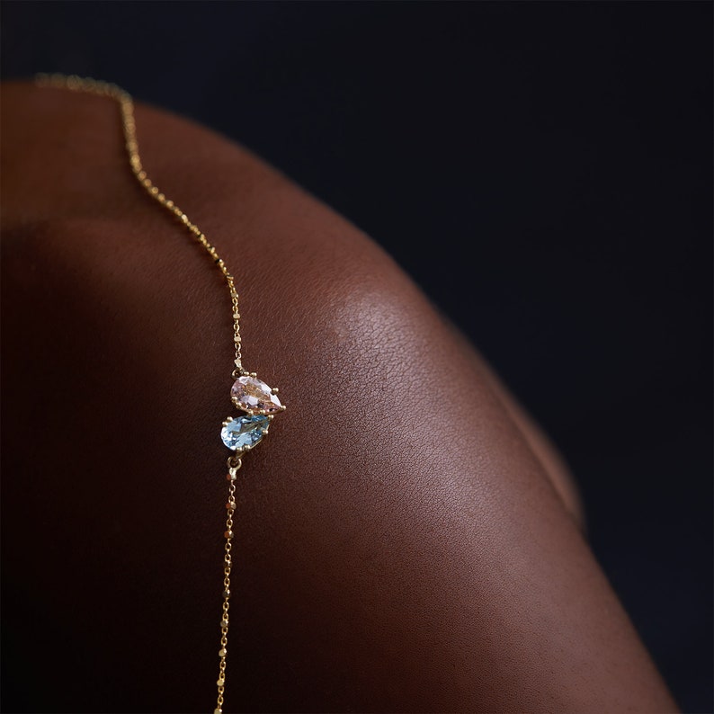 Solid Gold Gemstone Necklace, 14K Gemstone Pendant, Two Stone Necklace, Toi Et Moi Necklace, Morganite and Aquamarine Necklace image 8