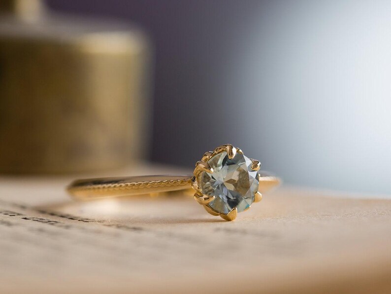 Blue Engagement Ring, Antique Engagement Ring, Aquamarine Engagement Ring, Yellow Gold, Vintage Inspired, Art Nouveau 18K, 14K Gemstone Ring image 3