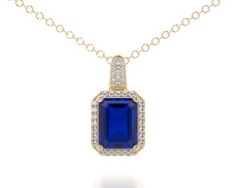 Sapphire Diamond Necklace, Blue Gemstone 14K Necklace, Blue Bridal Necklace, Unique Anniversary Pendant, Gold Sapphire Pendant