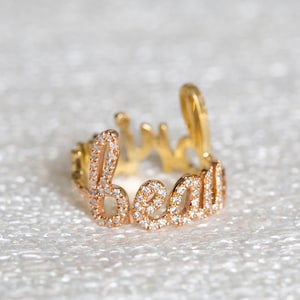 Personlig diamantring, dubbel namnring, anpassad namnring, 14K namnring, barnnamnring, nybliven mammaring, gåva med tryck, guldfärgad manusring